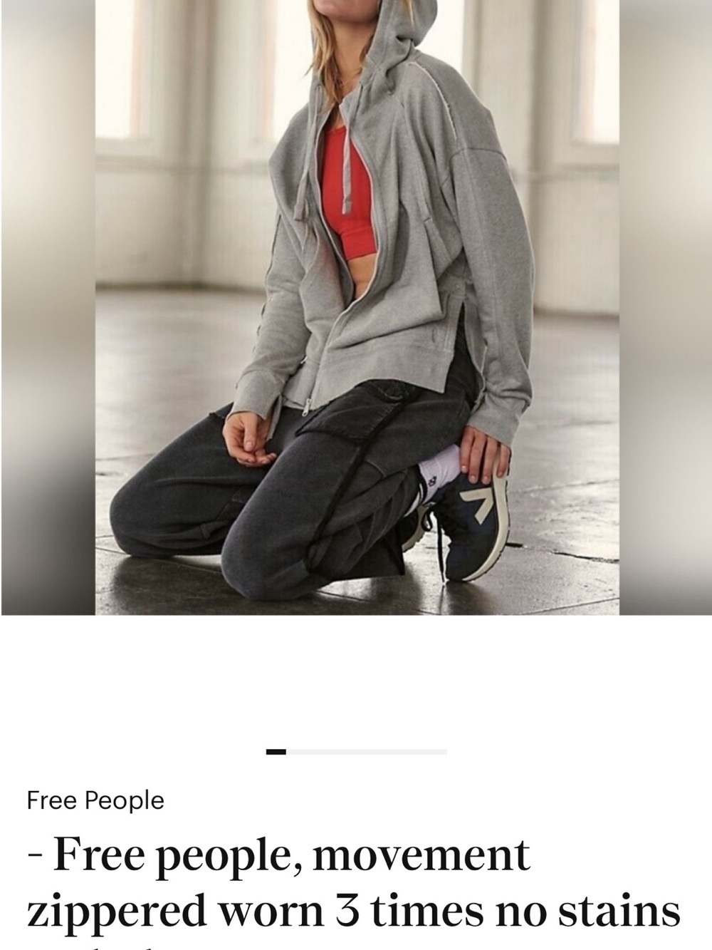 Free People Gray Zip-Up Hooded Sweatshirt with Red Crop Underlay